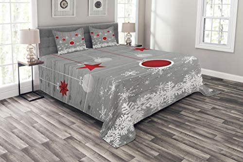 ABAKUHAUS Weihnachten Tagesdecke Set, Sterne-Flitter Schnee, Set mit Kissenbezügen Kein verblassen, für Doppelbetten 220 x 220 cm,Grau-rot-weiß