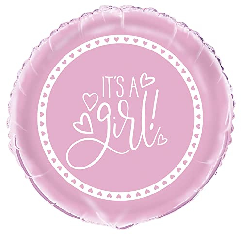 Unique-Baby Shower It's A Girl Round Foil Balloon | 18 | Pink | 1 Pc Palloncino Shower-45 cm Disegno Cuori Rosa, large, 73377