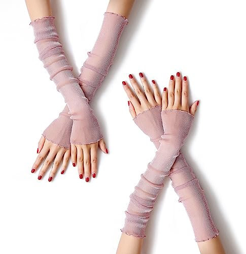 MUYDZ 2 Paar Damen Lange Arm Ärmel mit Spitze Mesh Tüll, Kühlende und Wärmende Dual Purpose Sun Sleeves für Frauen Mädchen, Violett, Einheitsgröße