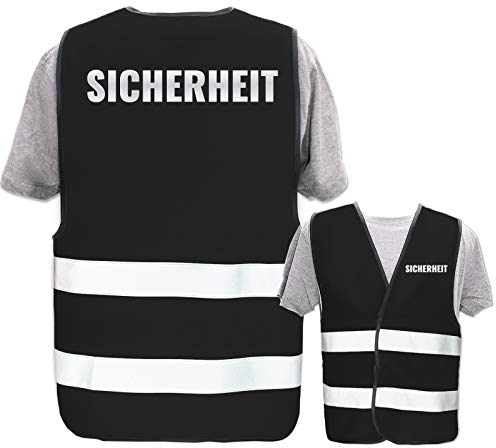 Bedruckte Warnwesten mit ISO-Leuchtstreifen * Standard- oder Reflex-Druck * Thema Sicherheit & Team, Warnweste Begriffe Security:Sicherheit (Reflektierend), Farbe + Größe:Schwarz (M/L)