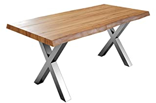 SAM Esszimmertisch 240x100 cm Xerez, Baumkantentisch naturfarben, Akazienholz massiv, X-Gestell aus Metall Silber