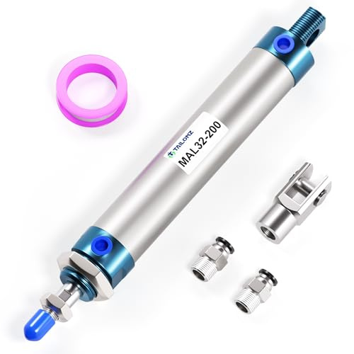 TAILONZ PNEUMATIC Druckluftzylinder mit 32mm Bohrung und 200mm Hub, doppeltwirkend, mit Y Anschluss und 2 Stück 8mm Verschraubung MAL32x200