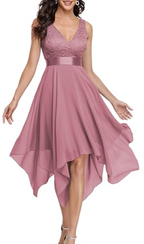 Ever-Pretty Women's Sleeveless V Neck Empire Waist A Line Lace Chiffon Knee Length Prom Evening Dresses with Asymmetry Hem 00207