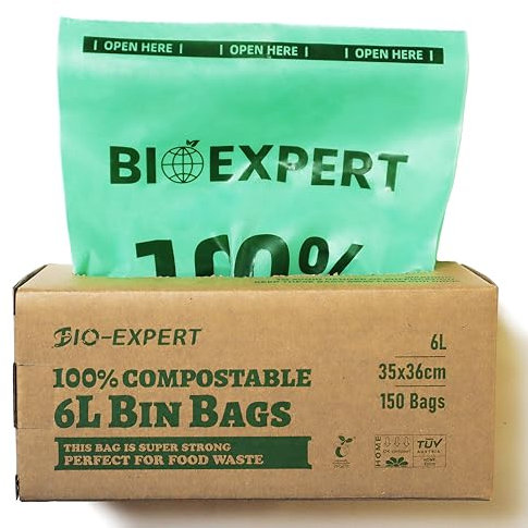 BIO-EXPERT 6L Bin Liner 150Bags 100% Compostable Biodegradable Bin Bag Made from Plants with En13432 & Home Compost Certification Leakproof Super Strong Green Color (6L 150Bags)