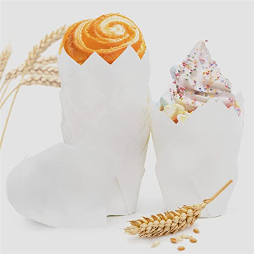 Spesh 100 Stücke Papier Muffinförmchen in Tulpenform Cupcake Formen Tulpe Einweg-Backbecher für Hochzeiten Geburtstag Osterfeier Familientreffen (Weiß)