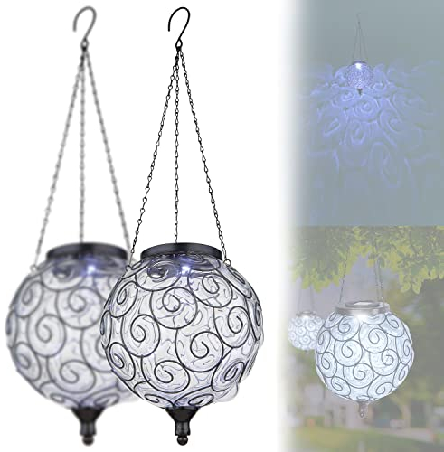 Solarlampe für Außen Hängend Kugel 2er Set – Solarleuchte Garten 61 cm Hoch – Außenleuchte Gartenlampe LED 20 cm Durchmesser – Leuchte Solar Aussenlampe IP 44 Metall Schwarz Lichtspiel