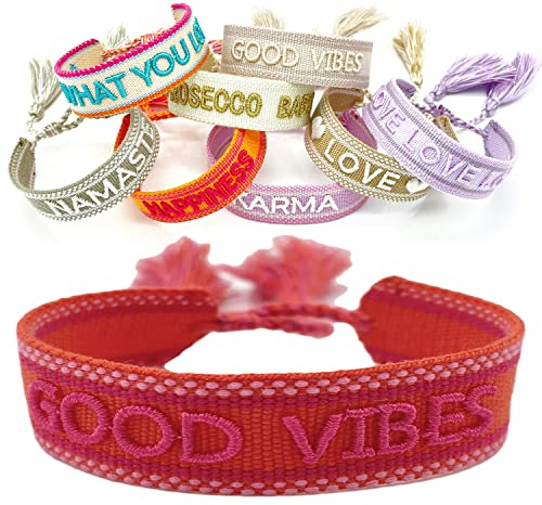 LS-LebenStil Exklusives Statement Armband Quasten besticktes Boho Canvas Webarmband (Good Vibes Rot)