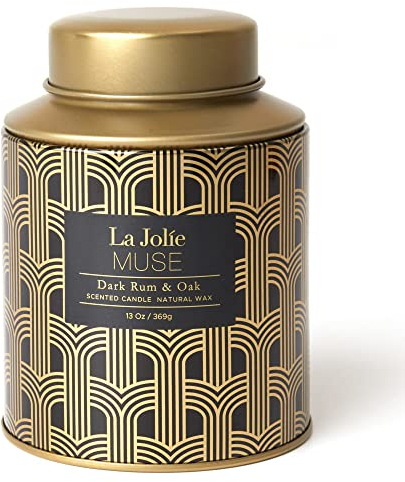 La Jolíe Muse Duftkerze für Männer, Dunkler Rum & Eiche Duftkerze, 369g natürliche Wachskerze für zu Hause, 85-100 Stunden Lange Brenndauer, Feiertagskerze, Dose