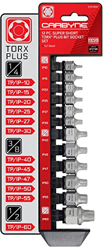 CARBYNE 12-Piece Torx Plus (6 Lobe) Super Short Low Profile Bit Socket Set | TP10/IP10 - TP60/IP60, Dual-Drive: Internal Square Drive & External Hex Drive • From a Family-Run Tool Company in the U.S.