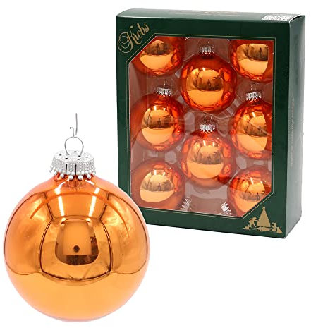 Dekohelden24 Lauschaer Christbaumschmuck - 8er Set Kugeln in Uni glänzend Opal-Orange, mit Silberkrönchen, Größe Ø ca. 7 cm