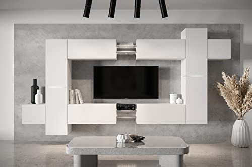 Furnitech Wohnwand Wohnzimmer - Wohnzimmer Möbel mit LED RGB - 16 Farben - Hängend Wohnwand Modern - Wohnzimmer Schrankwand mit Regale und TV Schrank (AN91NEW-21W-M4 MATT)