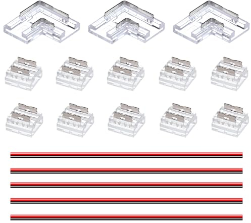 GOMING Kit Conector Tira LED COB 2 pin 8 mm de Ancho 10 Conectores Transparentes Sin Espacios 3 Conectores Sin Espacios en Forma de L/Esquina 5 Cables de Extensión de 15 cm para Tira de Luces LED