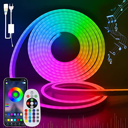 SUCIKORIO Neon LED Streifen 5m, Led Strip RGB Wasserdicht Led Lichterkette Außen 230V 120 LED/m Flexibler DIY Lichtband Aussenbereich mit Netzteil und Controller für Haus, Party, Küche