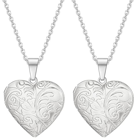 Weenkeey 2 collares con medallón de corazón de amor que sostiene fotos de acero inoxidable en forma de corazón, collar con colgante de foto de memoria para mujeres y niñas, estilo 6, plata