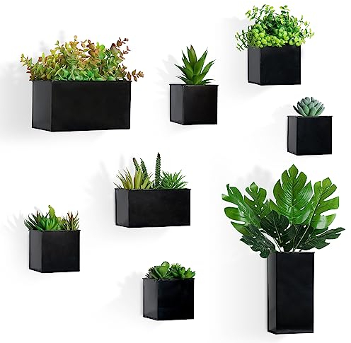 8pcs Jardinières Murales Carré Rectangulaire Noir Pots de Fleurs Suspendus Métal Porte-Plante Murale Planteur Modernes Vertical Décoration Murale de Maison Balcon Jardin pour Plantes d'intérieur