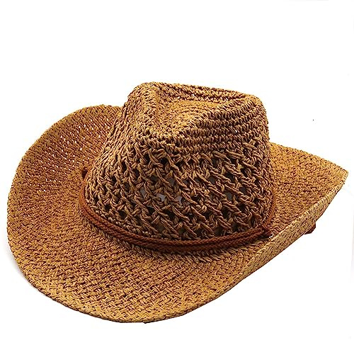 Unisexe Chapeau de Paille Été Réglable Chapeau de Cowboy Ajouré Panama Western Pliable Chapeau de Soleil pour Plage Voyage Vacances Camping Pêche Large Bord Anti-UV Homme Femme Casquette Visière