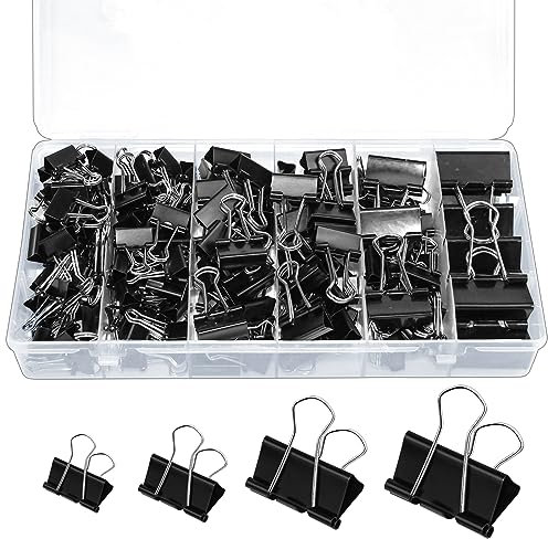 110 Pièces Pince à Double Clip 32MM 25MM 19MM 15MM Pince à Documents Noir Pince Document avec Boîte de Pinces à Papier Clip