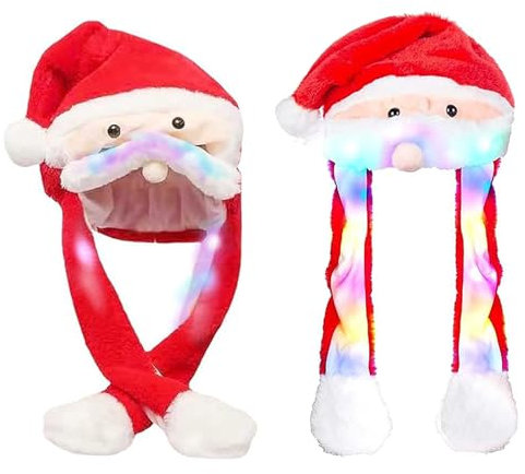 XineYuor Bonnet Noël,2PCS Chapeau Noel,LED Lumière Bonnet de Noël,Bonnet de Noël Adultes Enfant Rouge Père Noël Amusant Bonnet Oreille Qui Bouge Bonnet Pere Noel pour Décoration de Noël (B), 32