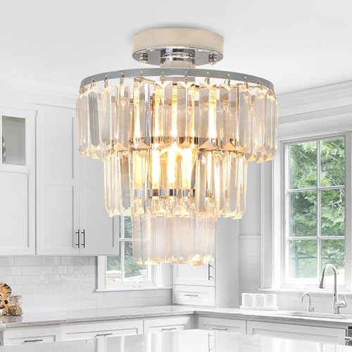 JHLBYL Silber Kristall Deckenleuchte, Chrom Metall Kristall Kronleuchter, 1-Flammig E27 Lampenfassung Halb bündig montiert Deckenlampe für Schlafzimmer, Küche, Veranden