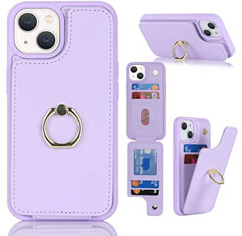 Cavor Phone Case compatible with iPhone 14 Plus Case With Card Holder,Flip Folio Leather Wallet Case,Ring Kickstand Shockproof Cover Case compatible with iPhone 14 Plus - Purple