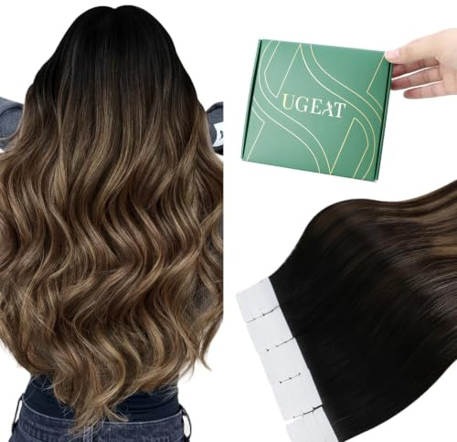 Ugeat Tape Extensions Echthaar Dunkelbraun 55 cm 50G 20 Stück #1B/4/27 | Extensions Tape Echthaar, Balayage Schwarz bis Dunkelbraun mit Karamellblond, Nahtlos und natürlich, für Frauen