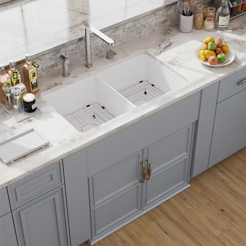 32 White Undermount Double Kitchen Sink, Hugsleek Topmount & Undermount Kitchen Sink 32x19 inch White Porcelain Ceramic Fireclay Sinks Dual Mount 50/50 Double Bowl Under Counter Sinks Basin Drop In