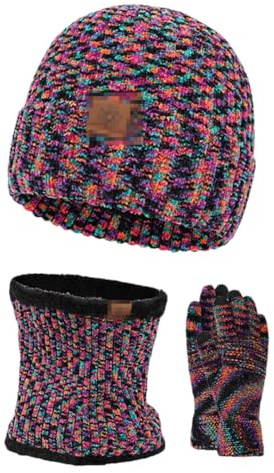 Damen Mütze, Schal und Handschuh-Set, gestrickt, dick, dreiteilig, Fleece, warmes Schal-Set, Lila-f, One size