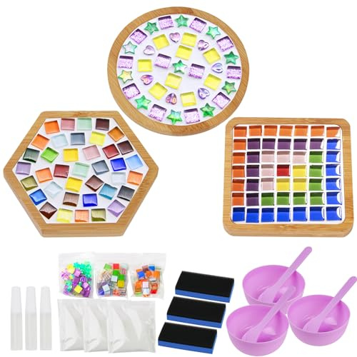 Graplan Lot de 3 sous-verres en mosaïque, pierres de mosaïque, dessous de verre, mosaïque en porcelaine, kit créatif d'art et de bricolage pour enfants et adultes
