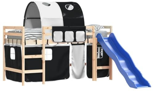 vidaXL Kinderhochbett, Hochbett mit Tunnel Vorhängen, Spielbett Bett für Kinder ab 6 Jahren, Kinderbett Etagenbett Stockbett, Weiß Schwarz 80x200cm Kiefernholz