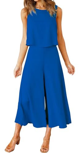 FANCYINN Damen Jumpsuit Sommer Overall Elegant Festlich Hochzeit Lang Hosenanzug Ärmelloses Rundhals Tanktop Gekürzte Weites Bein Hose Playsuit Saphirblau M