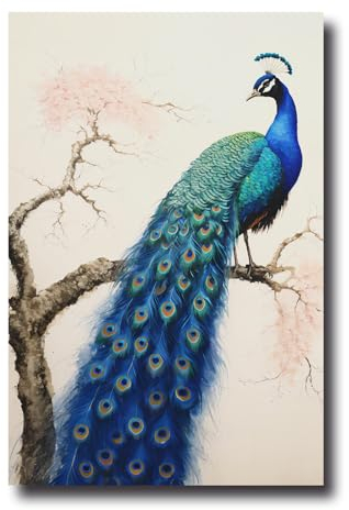 LZIMU Pfauen Leinwand Bilder blaue Pfauenfeder Gemälde Drucke elegantes Vogelbild Vintage Kunstwerk für Schlafzimmer Wohnzimmer Gerahmt (Bild-4, (60.00 x 90.00 cms))