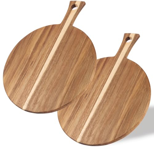 LDXDRU Lot de 2 planches à pizza rondes en bois de 40 cm - Grande planche à pizza avec poignée - Pour pizza, foccacia ou pain