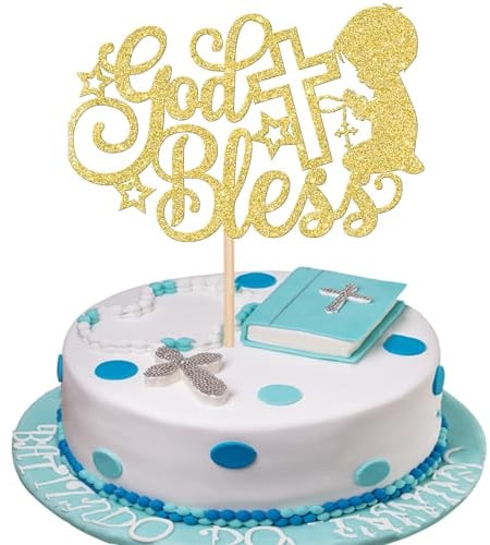 Xsstarmi Tortenaufsatz mit Aufschrift God Bless, glitzernd, Stern-Kreuz, Baby-Taufe, Kuchendekoration für Erstkommunion, Babyparty, Geburtstag, Party, Kuchendekorationen, Zubehör, goldfarben, 1