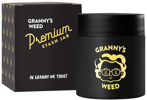 Granny's Premium Stash Jar | Bocal à herbes de grand-mère | Capacité jusqu'à 8 g | Noir | 100 % étanche aux odeurs | Garantie UV | Coffret cadeau | Avec sécurité enfant dans le couvercle | 120 ml