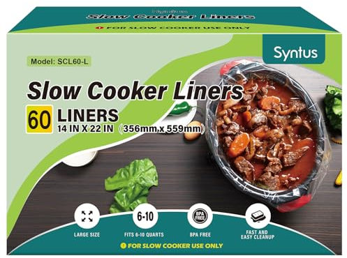 Syntus Slow Cooker Liners, 60 Count Cooking Bags Extra Large Size Disposable Pot Liners Plastic Bags, Fit 6QT to 10QT for Slow Cooker Cooking Trays, 14x 22, 60 Liners
