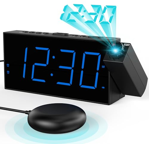 Sveglia da Comodino A Vibrazione Con Proiezione 180° - Doppie Sveglie per Sonno Profondo, Grande Schermo, 12/24 Ore, Batteria Backup, Blu