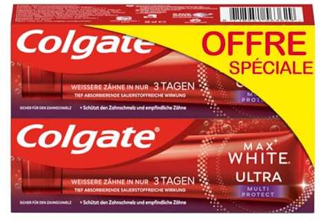 COLGATE - Dentifrices Max White Ultra Multiprotection - BLANCHEUR - Doux pour l'émail - 2 tubes de 75ml