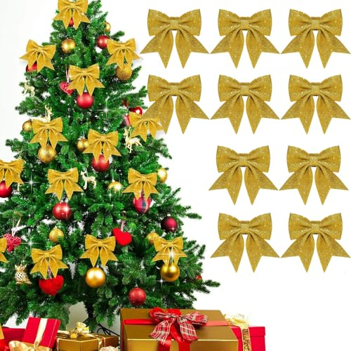 FaJoek Weihnachtsschleifen Rote, 10pcs Weihnachtsbaumschmuck Schleifen, Weihnachtsbaum Bogen Schleife, Geschenkschleife Glitzer, Dekoschleife, Weihnachtsbaumschleifen for Decorations (Gelb)