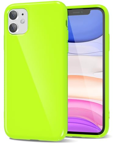 LoeoeL for iPhone 11 Phone Case Liquid Silicone, Cute Girly Thin Ultra Slim Jelly Soft Rubber Gel Protective Glossy Hard Plastic Case, Plain Solid Color Cover for Women Girl, Neon Green Lime