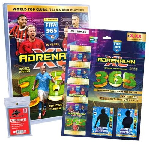 Bundle mit Panini FIFA 365 Karten 2025 - Adrenalyn XL Trading Cards - Exklusive STRONCARD Sammelkarten Hüllen - 1 Mappe + 1 Multipack