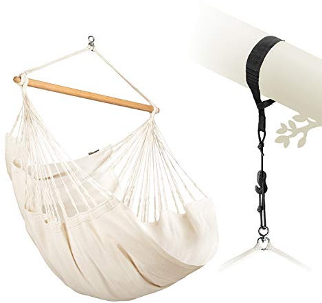 LA SIESTA® Habana Baumwoll Hängesessel & Baum- & Pfosten-Befestigung - Hängesessel für Indoor Outdoor Schlafzimmer, Sitz Hängeschaukel für Garten, Groß Hängesessel - 2 Personen Comfort Size, Latte