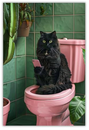 PAINURA Schwarze Katze, Wandkunst, lustige Badezimmer-Wanddekoration, Katze auf Toilette, Leinwandgemälde, niedliche Bilder für Schlafzimmer, lustige Tierposter, rosa Badezimmer-Dekoration, Katze,