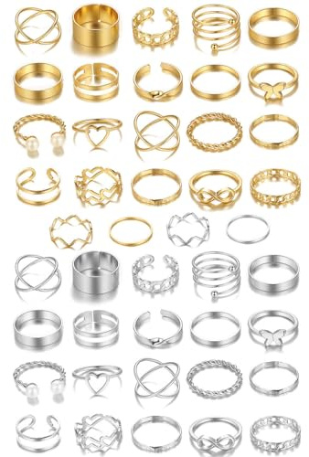 MYGLOAR 44-teiliges Ringset, Edelstahlringe, verstellbare Damenringe, Federringe, Schlangenringe, Siegelringe, Boho-Ringe, Silber- und Goldringe, Fidget-Spin-Ringe