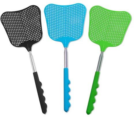 XEHAHOSH Fliegenklatsche, 3 Stück, langlebiger Teleskop-Edelstahlgriff, robuster Insektenvernichter, verbessertes Kunststoff-Fliegenklatschen-Set für drinnen und draußen, Zuhause, Wandern, Camping,