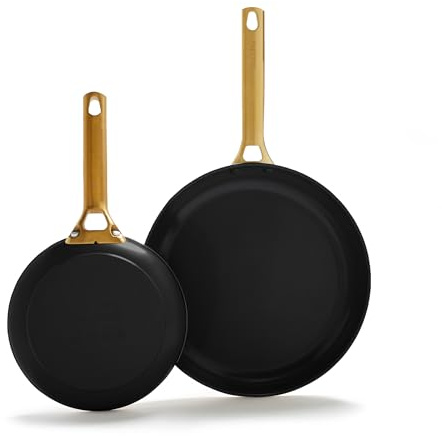 Greenpan Juego de sartenes antiadherentes de cerámica anodizada dura de 8 y 10 pulgadas, mango dorado, sin PFAS, apto para lavavajillas, apto para horno, color negro