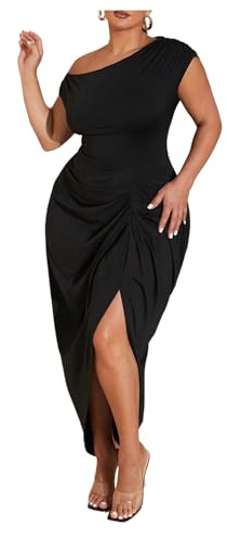 Floerns Women's Plus Size Asymmetrical Neck Long Dress Ruched Slit Hem Cocktail Dress Black Large Plus