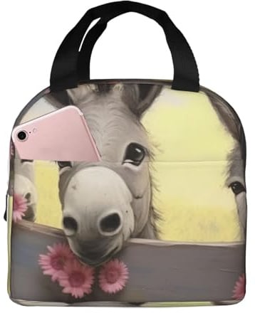 PRyLqKS Lunch-Tasche mit Esel- und Blumendruck, Aluminiumfolie, verdickte, isolierte Bento-Tasche