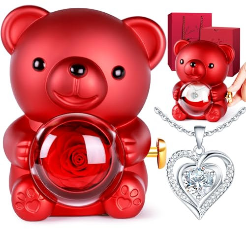 Orso di Rosa Eterna con Collana Personalizzata, Orsetto Rosa Eterna Stabilizzata, Regalo San Valentino per lei, Idee Regalo Donna Compleanno, Regalo Natale per Moglie Mamma Fidanzata, Anniversario