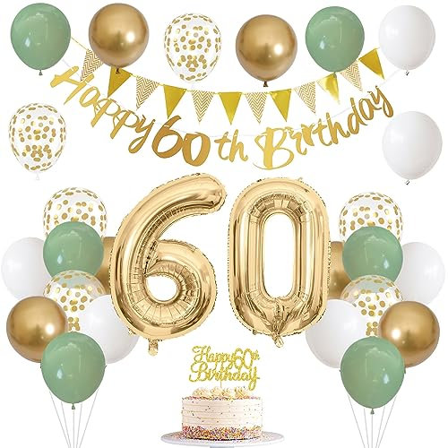 60. Geburtstag Deko Salbeigrüne Deko 60 Frau Mann mit Banner 60 Zahl 60 Luftballons Tortendeko Grün Weiß Gold Party Ballons für 60.ter Geburtstag Dekoration