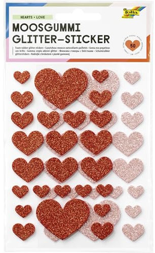 folia 23771 23771-Moosgummi Glitter-Sticker Hearts Love, 50 Stück in Rosa und Rot, Aufkleber in 4 Größen zum Verzieren und Dekorieren
